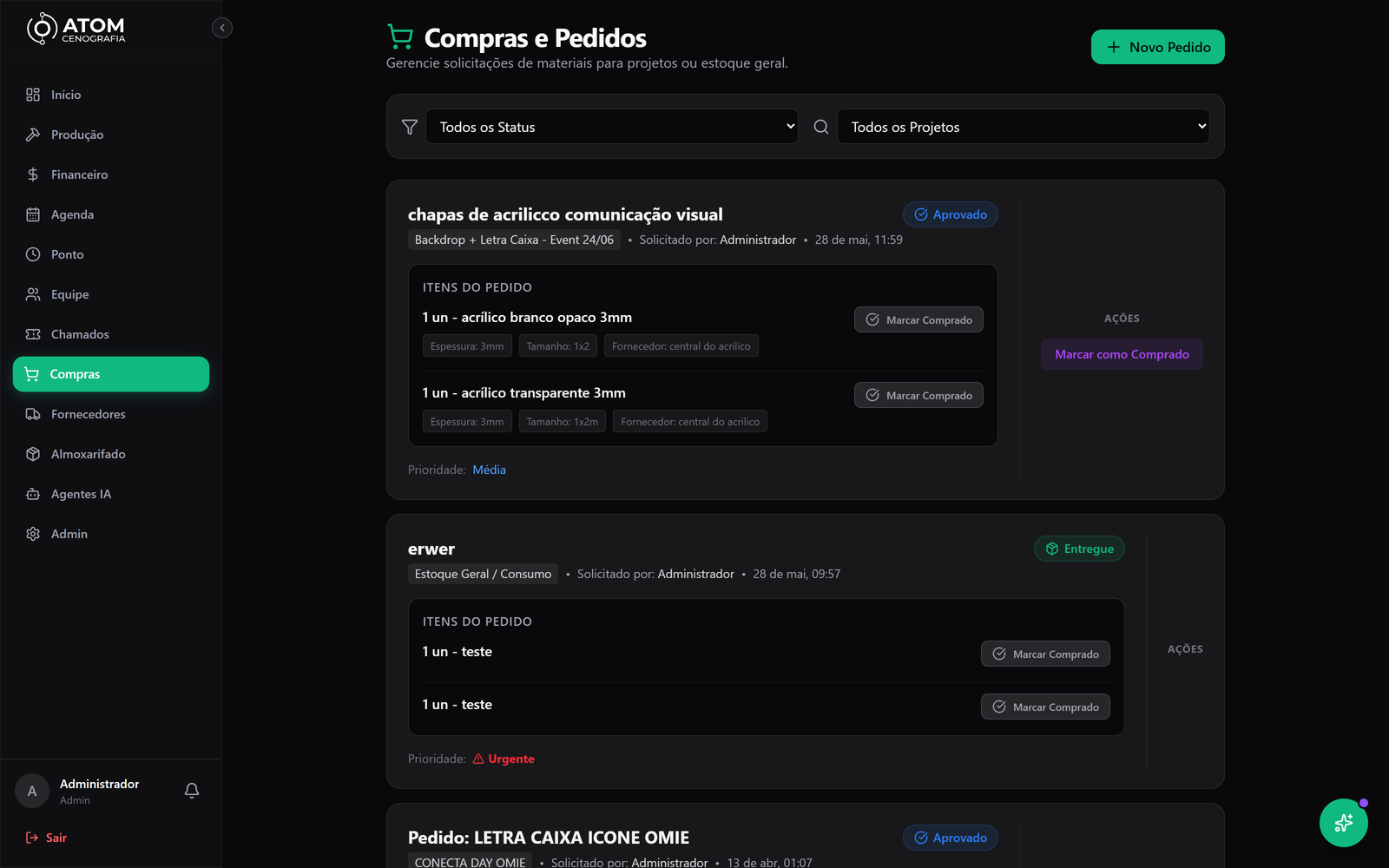 Módulo de compras do Cenoflow
